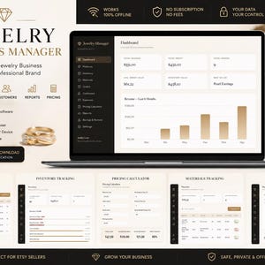 May include: A laptop displaying the Jewelry Business Manager software interface, featuring a dashboard with revenue charts, inventory tracking, pricing calculators, and reports. The screen shows data tables, financial metrics, and navigation menus.