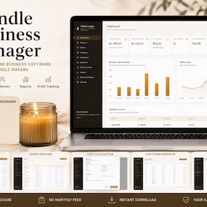 May include: A laptop displaying the Candle Business Manager software dashboard, featuring inventory, order, and profit tracking tools. The screen shows data charts and tables. A lit candle in a glass jar sits next to the laptop on a light surface.