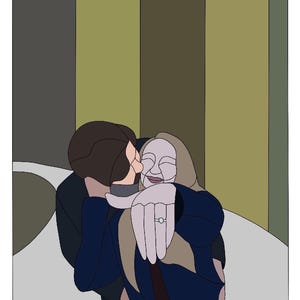 May include: A stylised digital illustration of two figures embracing. One figure wears a dark blue jacket and extends a hand forward, showcasing a silver ring with a circular stone on the finger. The other figure is positioned behind, wearing a dark coat.