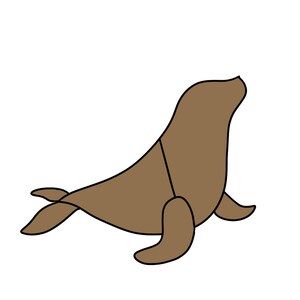 Op de afbeelding: Een bruine zeehondillustratie met een minimalistisch ontwerp en strakke zwarte omlijningen. De zeehond is afgebeeld in zijaanzicht, met de kop omhoog gericht, de voorvinnen uitgestrekt en de staartvinnen achter het lichaam gepositioneerd.