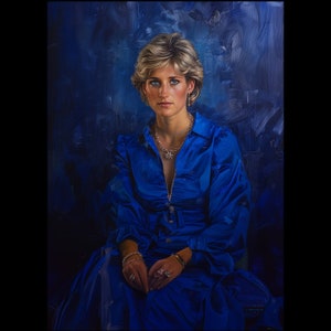 Puede incluir: Un retrato pintado de una mujer con el pelo corto y rubio que lleva un vestido azul y un collar de diamantes. El fondo es azul oscuro con pinceladas.