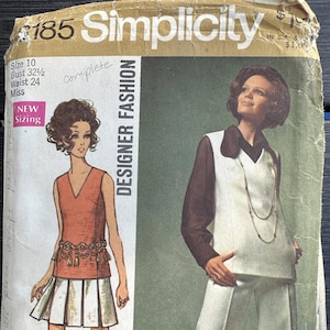 VINTAGE Simplicity Sewing Pattern 8185, 1969 Misses&#39; Tunic, Skirt, Bell-Bottom Pants, and Blouse, Size 10