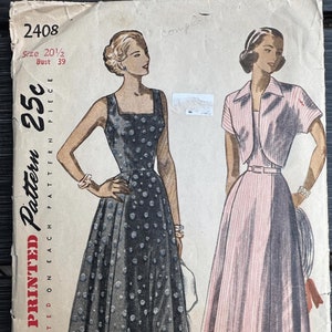 RARE VINTAGE Simplicity Sewing Pattern 2408, 1940s Misses&#39; Sun Dress and Bolero, Size 20 1/2