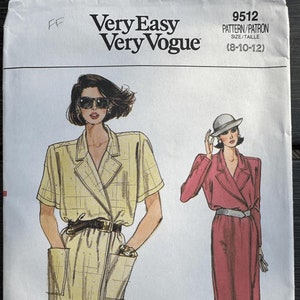 UNCUT Vogue Sewing Pattern 9512, Vintage 1980s Very Easy Vogue Loose-Fitting Straight Wrap Dress, Sizes 8-10-12