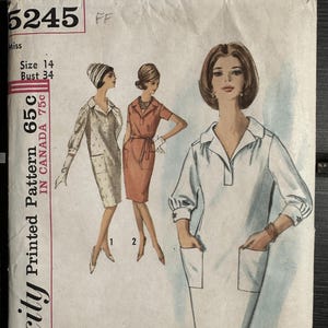 UNCUT Simplicity Sewing Pattern 5245, Vintage 1960s Loose-Fitting One-Piece Dress, Size 14