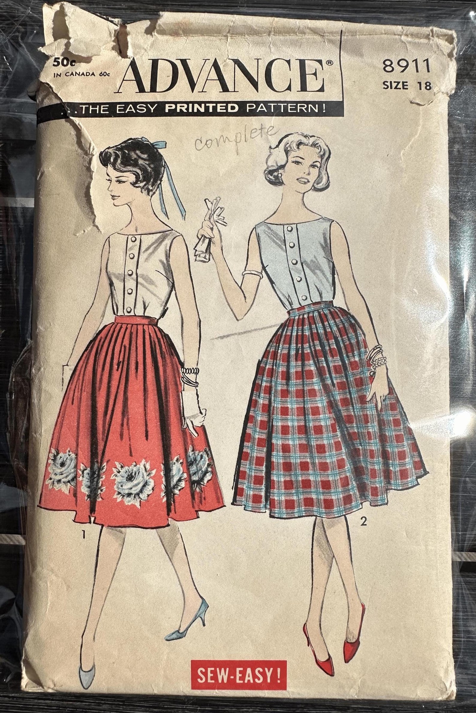 VINTAGE Advance 8911 Sewing Pattern, 1950s Sleeveless Blouse and Skirt ...