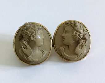 Antique Victorian Edwardian Cameo Brooch, Finely Carved Lava Pin 2 Profile Facing Goddesses With Harps, C Clasp T hinge Simple Thin Edge.
