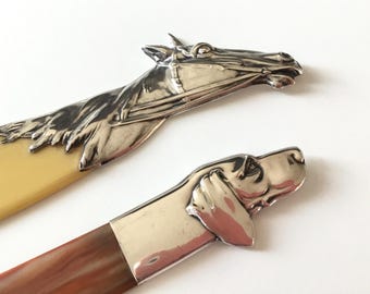 Antique Silver And Celluloid Figural Letter Opener, Page Turner, A Dog Hound&#39;s Head, Or A Horse Head, Luxury Item, Desk Office Decoration.