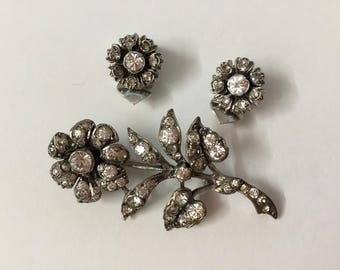 Antique Silver Flower Broch And Clip Back Earrings, Old Sparkly Paste Swedish Floral Jewelry Set, 1930s-1940s Flower, Wedding Party Ensemble
