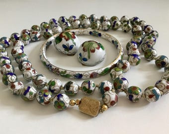 Vintage Chinese Export Cloisonne Set Long Necklace, Bangle and Large Half Orb Clip-On Earrings, White Base Colorful Floral Enamel Jewelry.