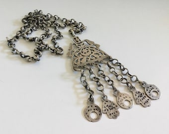Large Old Tunisian Berber Necklace With Pendant, Beautifully Worn Thick Rounded Chain, Ethnic Original Authentic Boho Semi Antique Jewelry