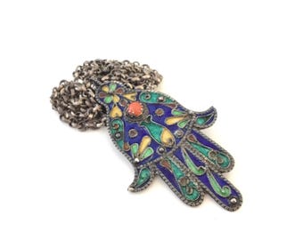 Vintage Kabyle Coral Enamel Khamsa Pendant, Chain Necklace, Ethnic Algerian Adornment, North African Berber Tribal Jewelry, Collectors Item.