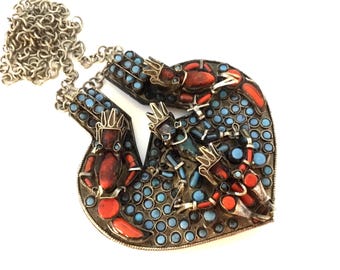 Huge Nepalese Filigree Pendant Necklace Reversible Ethnic Nepal Tibet Jewelry, Adorned With Coral & Turquoise Colored Glass Inlays