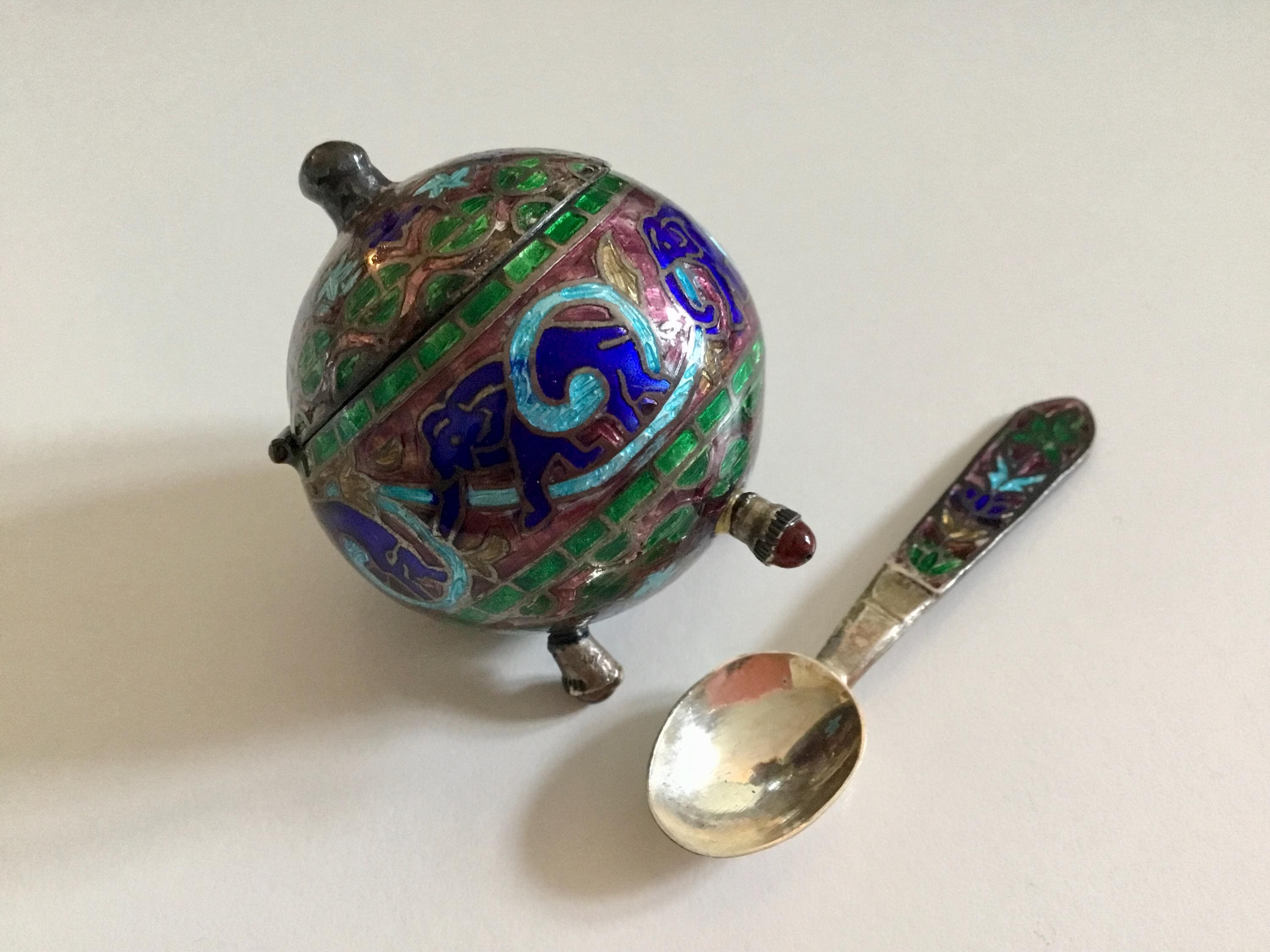 Vintage Silver & enamel Salt Cellar, Indian Enamel Inlay Round Pot And Spoon, Collectible Condiment  Container, Colorful Vintage Tableware.