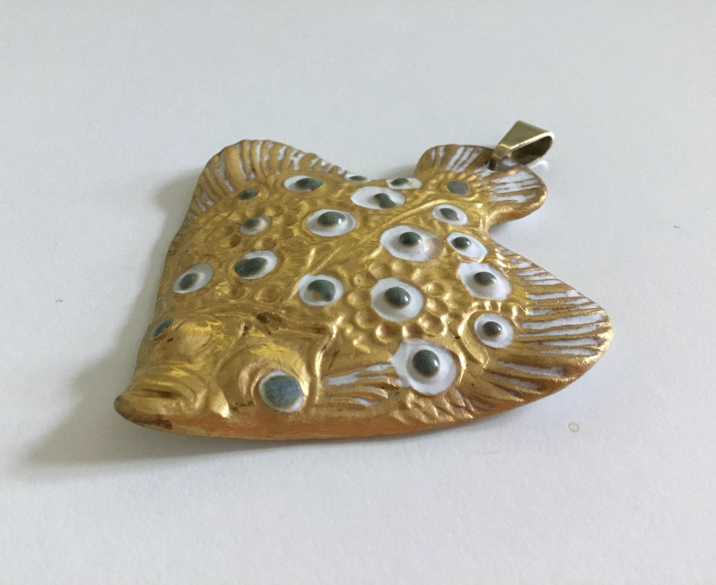 Large Vintage Royal Copenhagen Porcelain And Gilded Sterling Silver Fisk Pendant, Danish Design By Nils Thorsson, Wearable Collector's Piece