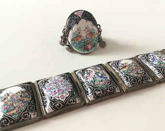 Large Semi-Antique Storyteller 8 Panel Bracelet And Ring, Hand Painted Handcrafted Persian Artisan Jewelry Enamel On Silver Travel Keepsakes