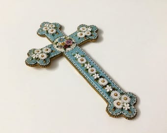 Large Antique Blue Micro Mosaic Cross, Italian Handcrafted Raised Layer Effect, Multicolored Floral Daisy Victorian Edwardian Venetian Cross