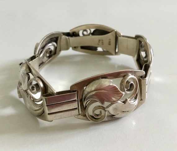 Vintage Silver Panel Bracelet handmade, Arts Crafts - Art Nouveau - Skonvirke Style, 1940s Semi Antique Leaves & Swirls Scandinavian design