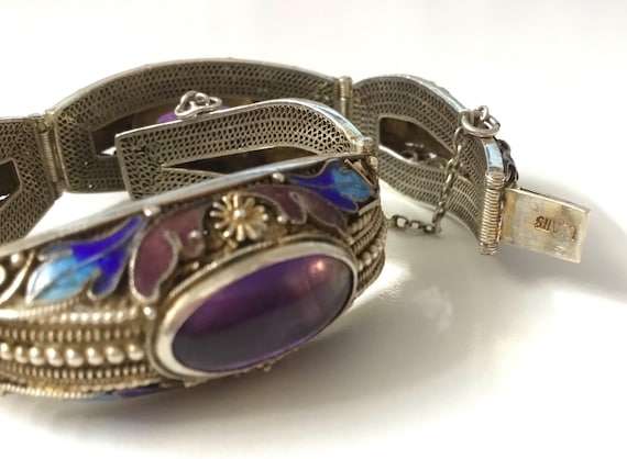 Vintage Chinese Export Bracelet 3 Semi-Precious Oval Amethyst Cabochons, Silver Filigree And Multicolored Enamel, Highly Collectable Jewelry