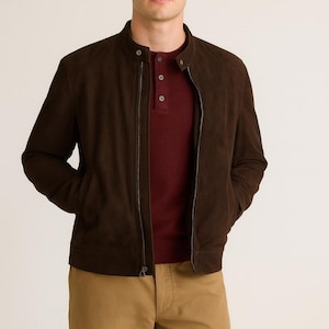 Handcrafted Suede Cafe Racer Jacket  Men’s 100% Goat Suede, Satin Lined