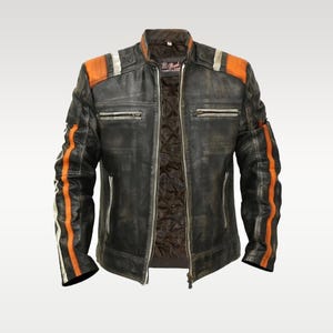 Men&#39;s Vintage Cafe Racer Leather Jacket – Handmade Distressed Biker Motorcycle Jacket, Retro Style Gift for Him