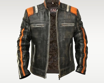 Distressed Black Leather Cafe Racer Jacket – Handmade Retro Biker Style