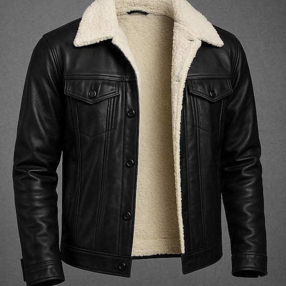 Mens Genuine Sheepskin Leather Trucker Jacket, Faux Shearling Lined