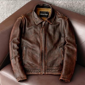 Blouson motard en cuir marron effet vieilli fabriqué à la main - Blouson moto homme personnalisé