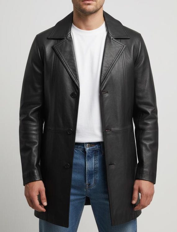 Men's Black Leather Car Coat | Mid-length Button Down Jacket