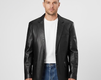 Men’s Black Leather Blazer | Classic 2-Button Suit Jacket | Real Lambskin Sport Coat | Smart Casual Business Outerwear | Custom Size