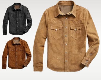 Vintage Trucker Leather Suede Jacket Men - Handmade Denim