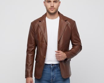 Men’s Brown Leather Blazer | Vintage Cognac Lambskin Sport Coat | 2-Button Real Leather Suit Jacket | Smart Casual Wedding Attire | Custom
