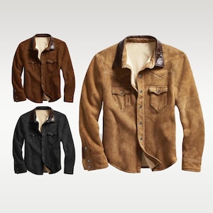 Men Suede Trucker Jacket, real Suede Jacket, Real Leather Suede Scully Western Shirt, Cowboy Trucker Shirt with brown Distressed Leather
