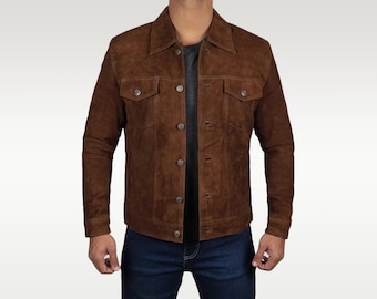 Men's Real Suede Leather Trucker Jacket, Classic Brown Shirt