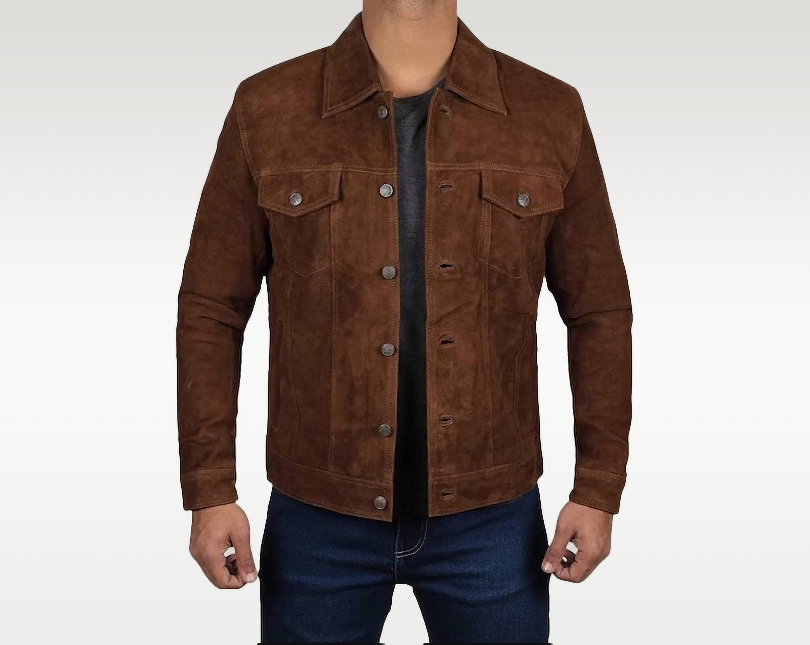 Men's Real Suede Leather Trucker Jacket, Classic Brown Shirt - Etsy