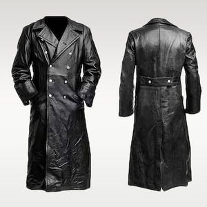May include: A long black leather coat with a double-breasted closure and a belt in the back.