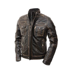 Vintage Men&#39;s Cafe Racer Jacket – Distressed Genuine Leather Biker Jacket, Perfect Gift for Him