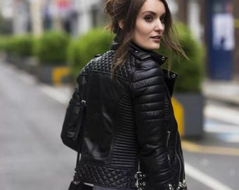 Women's Genuine Lambskin Leather Motorcycle Jacket - Slim Fit Biker Style
