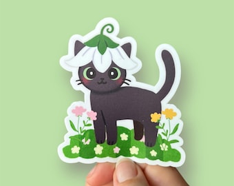 Kawaii Black Cat in Flower Hat Vinyl Sticker