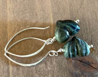 Green and Black Lampwork and Sterling Silver Heart Earrings