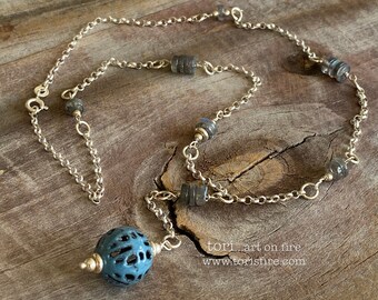Blue Enamel, Sterling Silver and Labradorite Drop Necklace