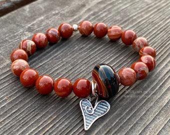 Red Bend Jasper and Lampwork Stretch Bracelet