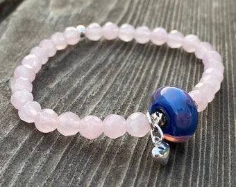 Rose Quartz and Lampwork Stretch Bracelet