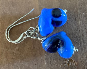 Blue Lampwork Heart Earrings