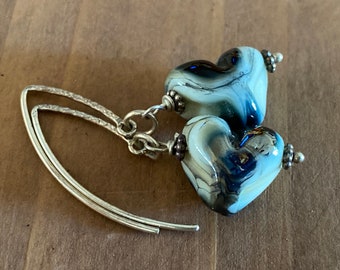 Blue and White Lampwork Heart Earrings