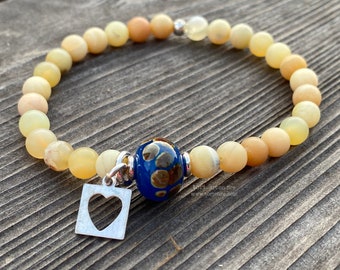 Matte Yellow Opal and Lampwork Stretch Bracelet