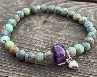 Matte African Turquoise and Lampwork Stretch Bracelet
