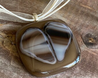 Brown and White Fused Glass Heart Pendant