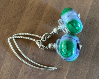 Purple and Green Lampwork Drop Earrings