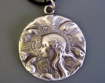 Art Nouveau Pewter Necklace Cameo inspired by Alphonse Mucha